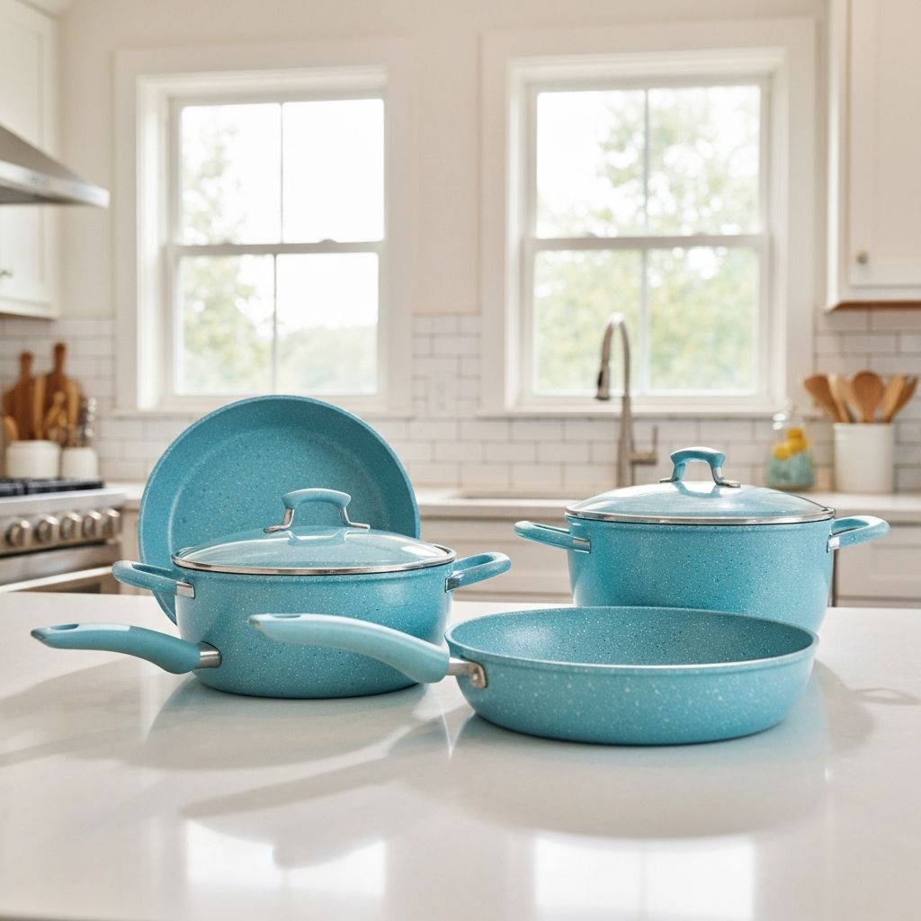 Paula Deen aqua blue cookware on kitchen counter